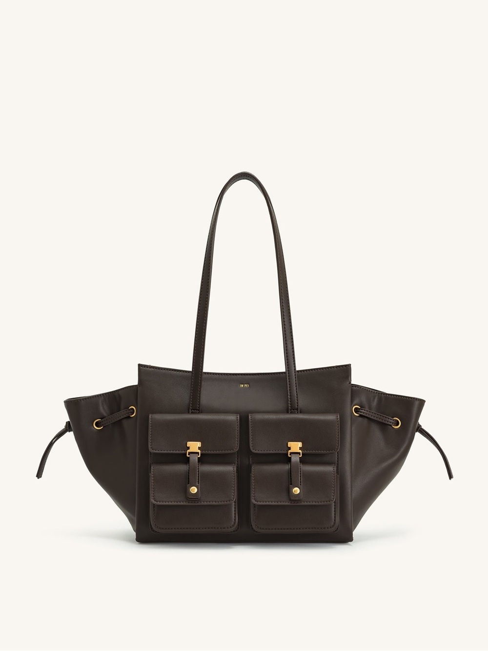 JW PEI Dark Brown Tote with Double Front Pockets and Gold Hardware
